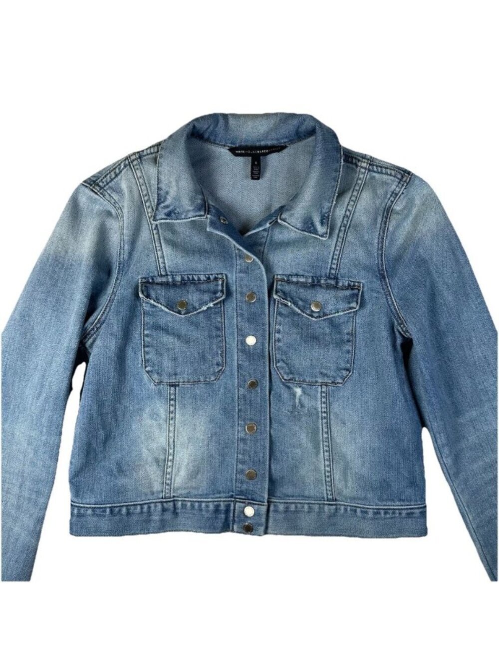 White House Black Market WHBM US Women’s 6 Light Blue Cropped Denim Jean Jacket - Picture 3 of 13